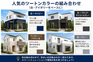 人気のツートンカラー外壁の組み合わせ例。白・アイボリーをベースにネイビー、ブラック、グレー、ブラウンを組み合わせた外壁塗装カラーシミュレーション