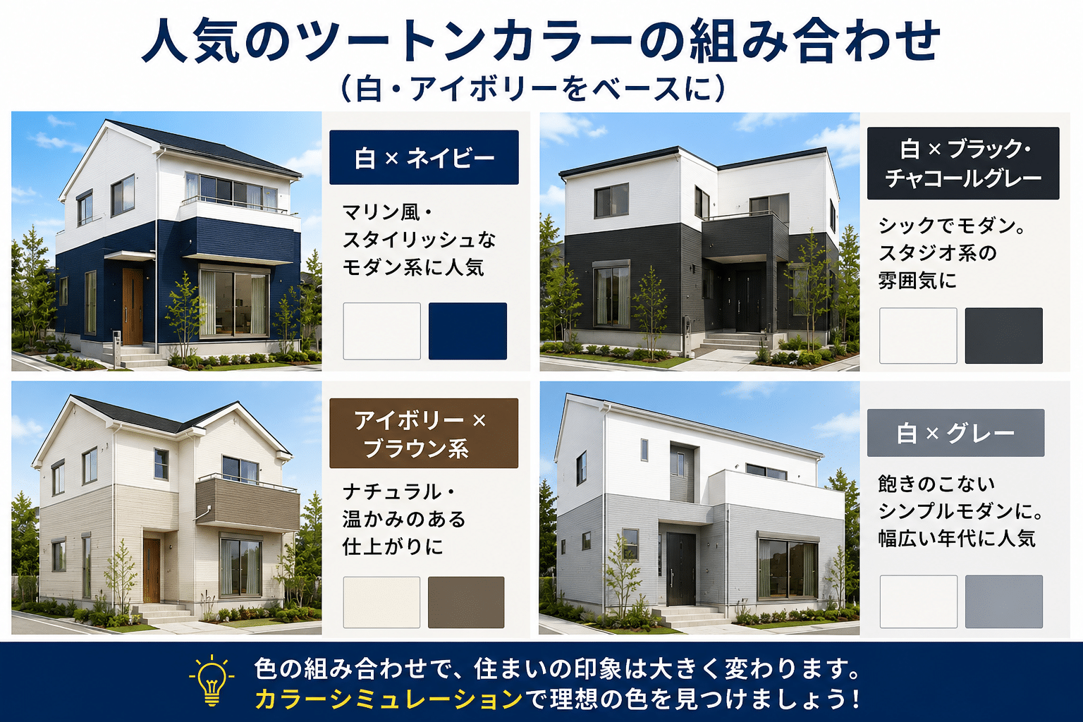 人気のツートンカラー外壁の組み合わせ例。白・アイボリーをベースにネイビー、ブラック、グレー、ブラウンを組み合わせた外壁塗装カラーシミュレーション