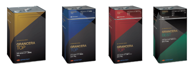 日本ペイント グランセラシリーズ製品ラインアップ。グランセラトップ1液水性・2液水性・2液ファインとグランセラベスト2液ファインの缶4種類