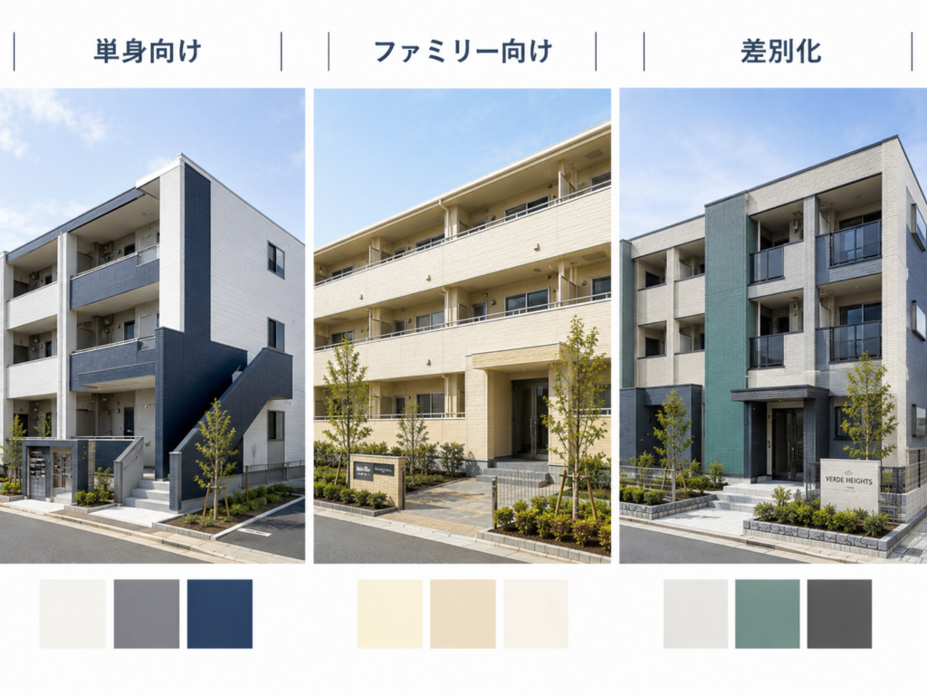単身向け、ファミリー向け、差別化を意識したアパート外壁カラーの方向性を外観イメージで比較した画像