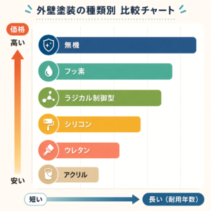 外壁塗装で使われる無機塗料・フッ素塗料・ラジカル制御型塗料・シリコン塗料・ウレタン塗料・アクリル塗料を価格と耐用年数の目安で比較したチャート