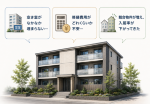 空室が埋まらない、修繕費用が不安、競合物件が増えて入居率が下がってきたという収益物件オーナーの悩み