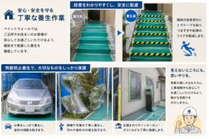 塗装品質を高めるために細部まで丁寧な養生作業を行うペイントウォールの職人