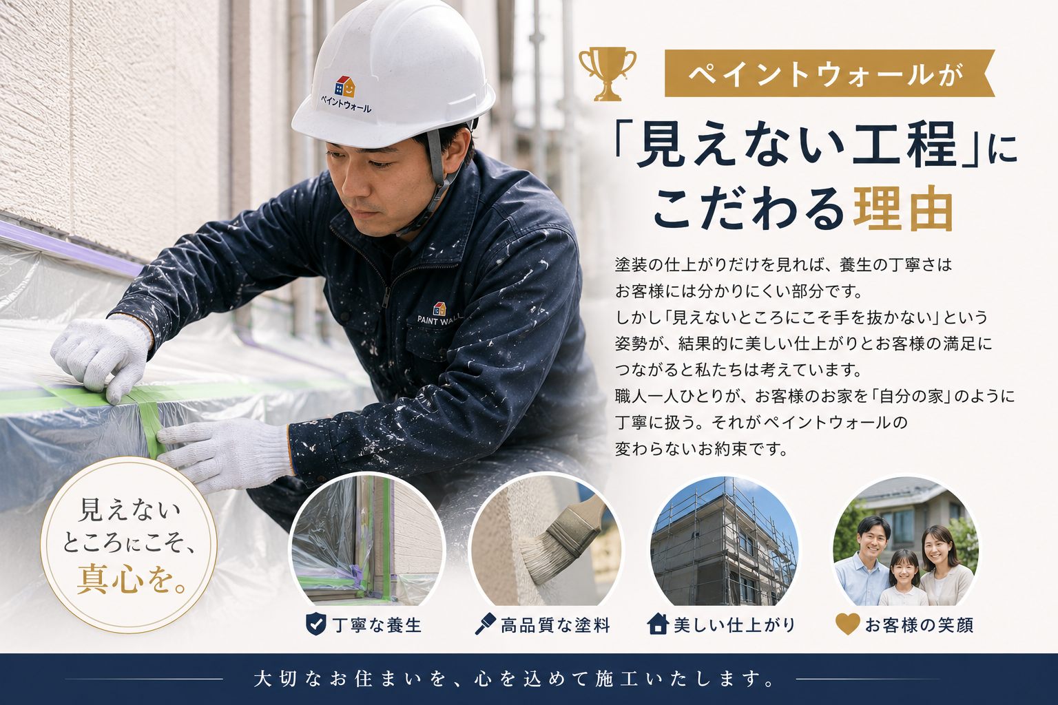 塗装品質を高めるために細部まで丁寧な養生作業を行うペイントウォールの職人