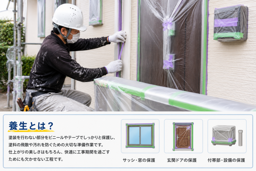 外壁塗装工事で階段の安全対策や車・植栽・玄関まわりを丁寧に養生するペイントウォール