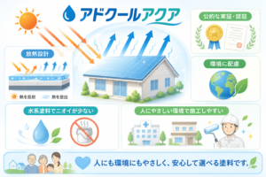放熱設計や公的な実証・認証、水系塗料としての施工性を紹介するアドクールアクアの特徴