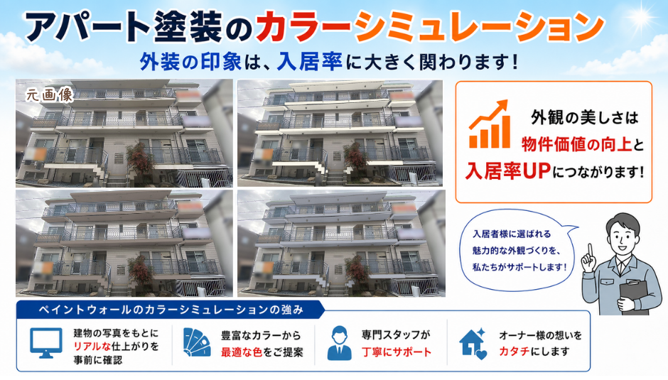 アパート塗装の外壁カラーシミュレーション案を比較し、収益物件の外観イメージを事前確認するペイントウォール