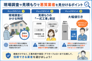 外壁塗装の現場調査時間・一式工事表記・大幅値引きから悪質業者を見分ける3つのチェックポイント