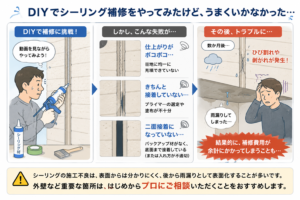 外壁シーリングをDIYで補修した際に起こり得る充填ムラ・接着不良・ひび割れ・雨漏りのリスク