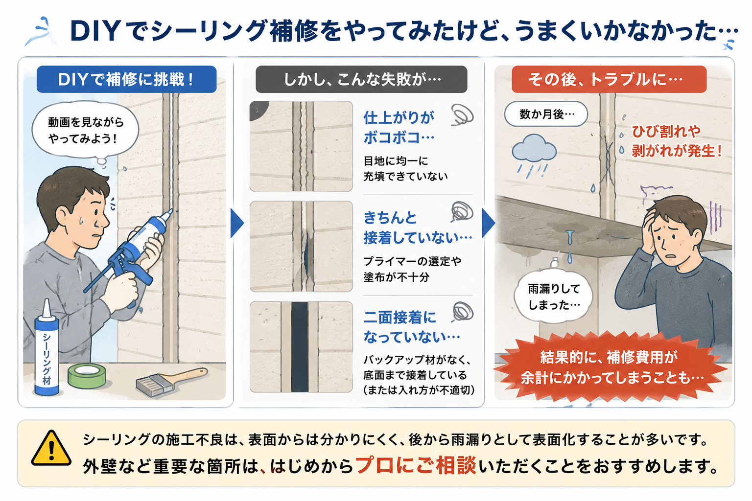 外壁シーリングをDIYで補修した際に起こり得る充填ムラ・接着不良・ひび割れ・雨漏りのリスク