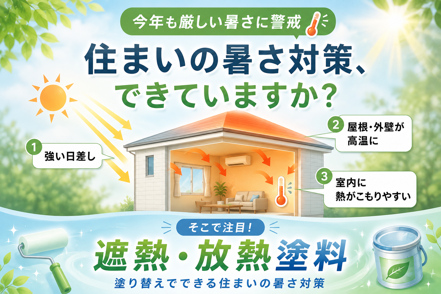 強い日差しで屋根や外壁が高温になり室内に熱がこもる仕組みと遮熱・放熱塗料の紹介