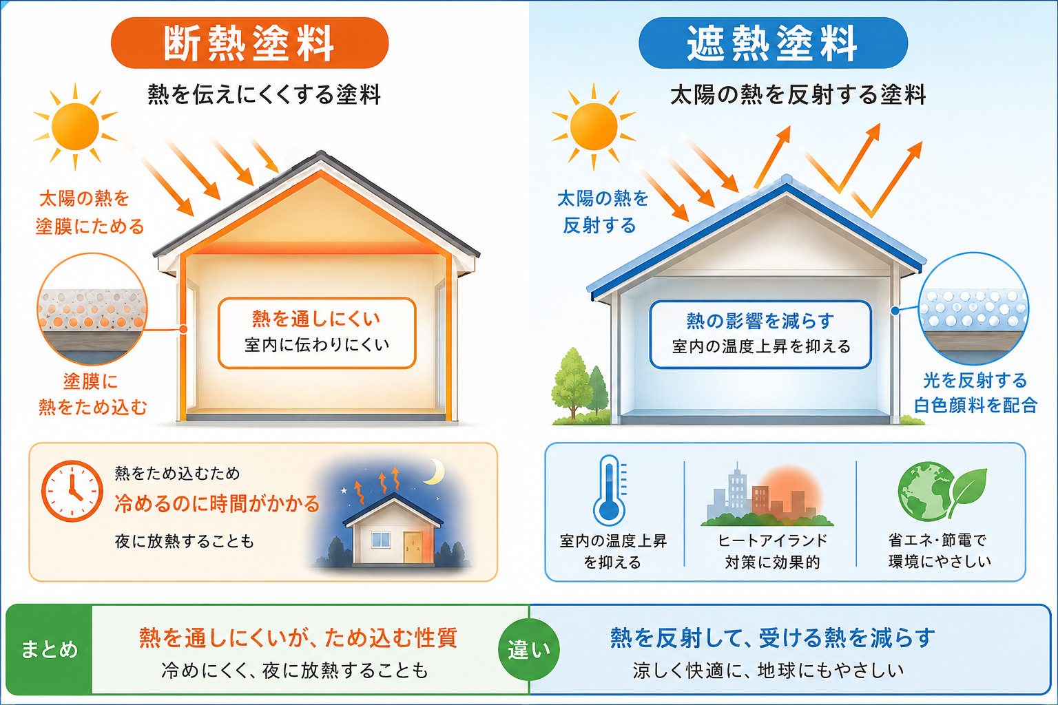 熱を伝えにくくする断熱塗料と太陽の熱を反射する遮熱塗料の仕組みを比較