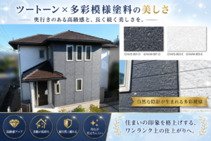 濃いグレーと白のツートーン外壁に多彩模様塗料を使用した、高級感のある仕上がりと質感を紹介するペイントウォール