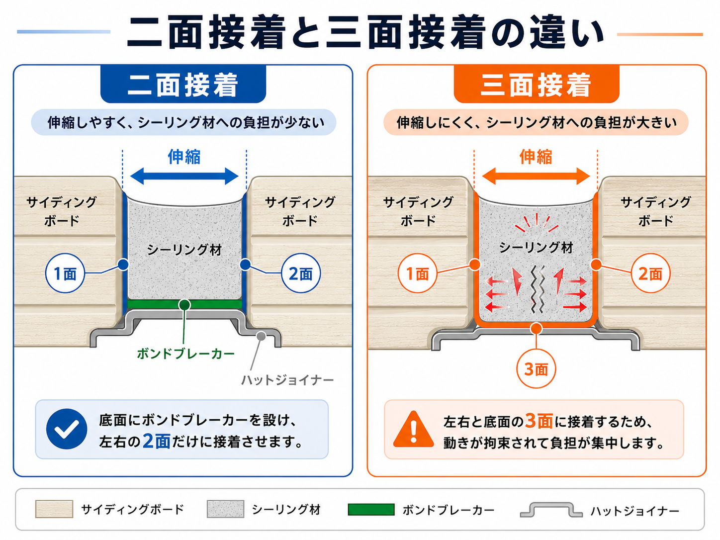 サイディング目地の二面接着と三面接着について、ボンドブレーカーやハットジョイナーとの関係を断面図で比較