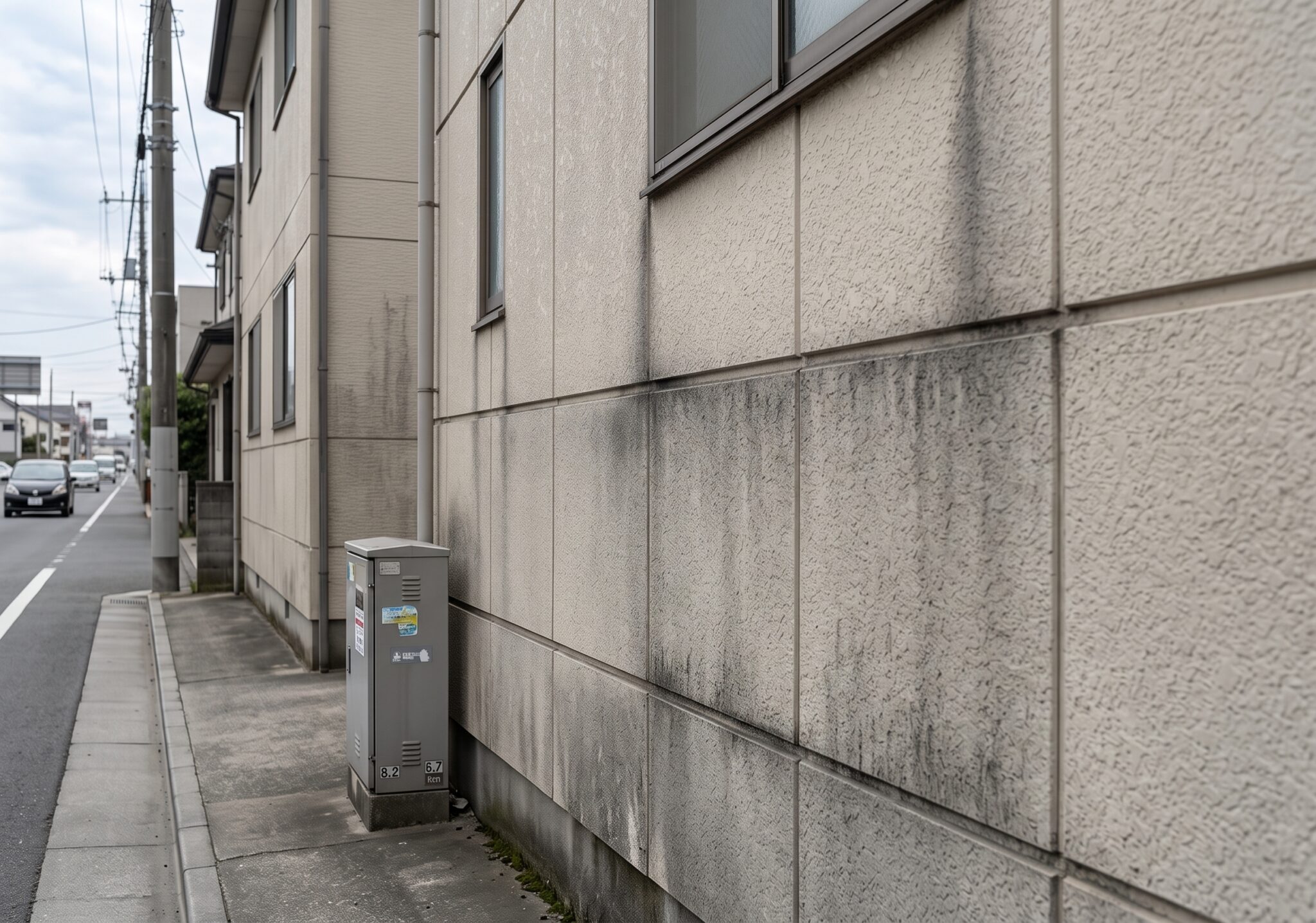 幹線道路沿いの家の外壁に、排気ガスや砂埃が付着し、黒ずんだ汚れとなっている様子