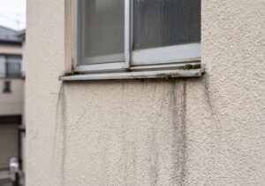 外壁に、雨が窓から伝って流れた跡のような、黒い雨だれ汚れが縦に筋状に付着している様子
