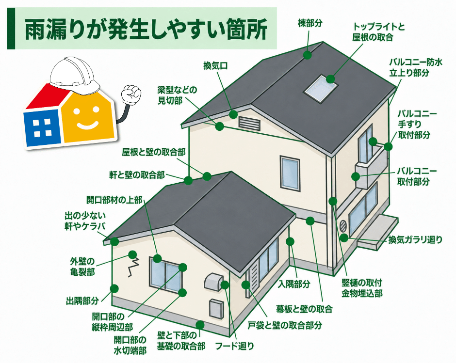 雨漏りが発生しやすい箇所を示した住宅図解
