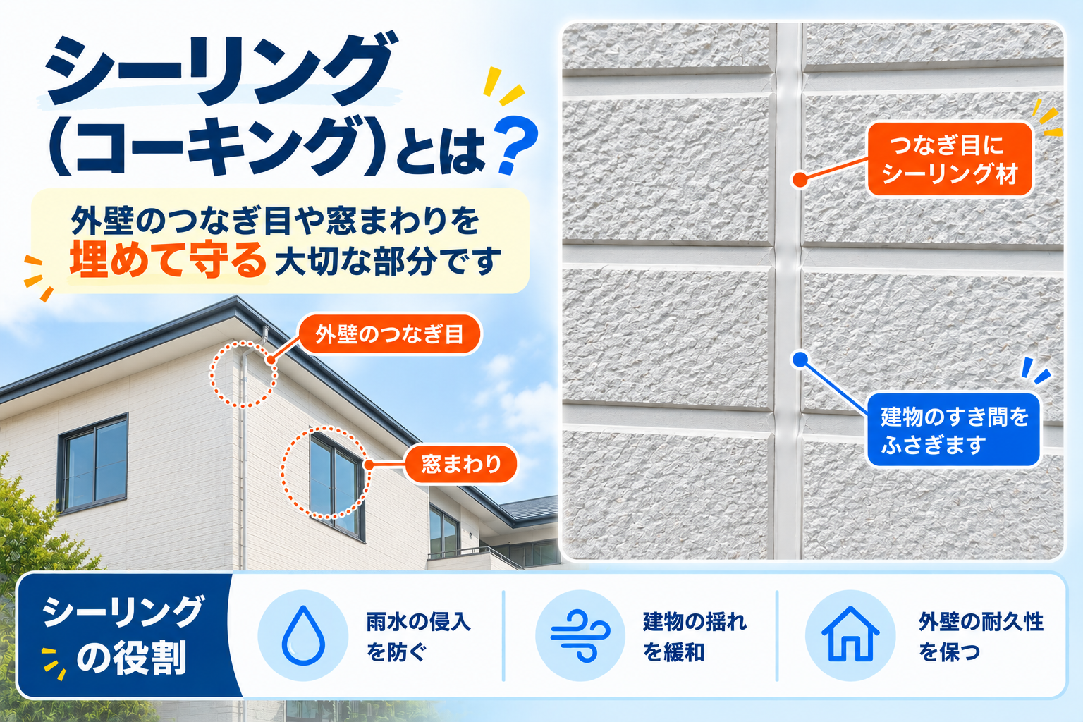 外壁のシーリング(コーキング)の施工箇所と、雨水の侵入防止や建物の揺れを緩和する役割を解説