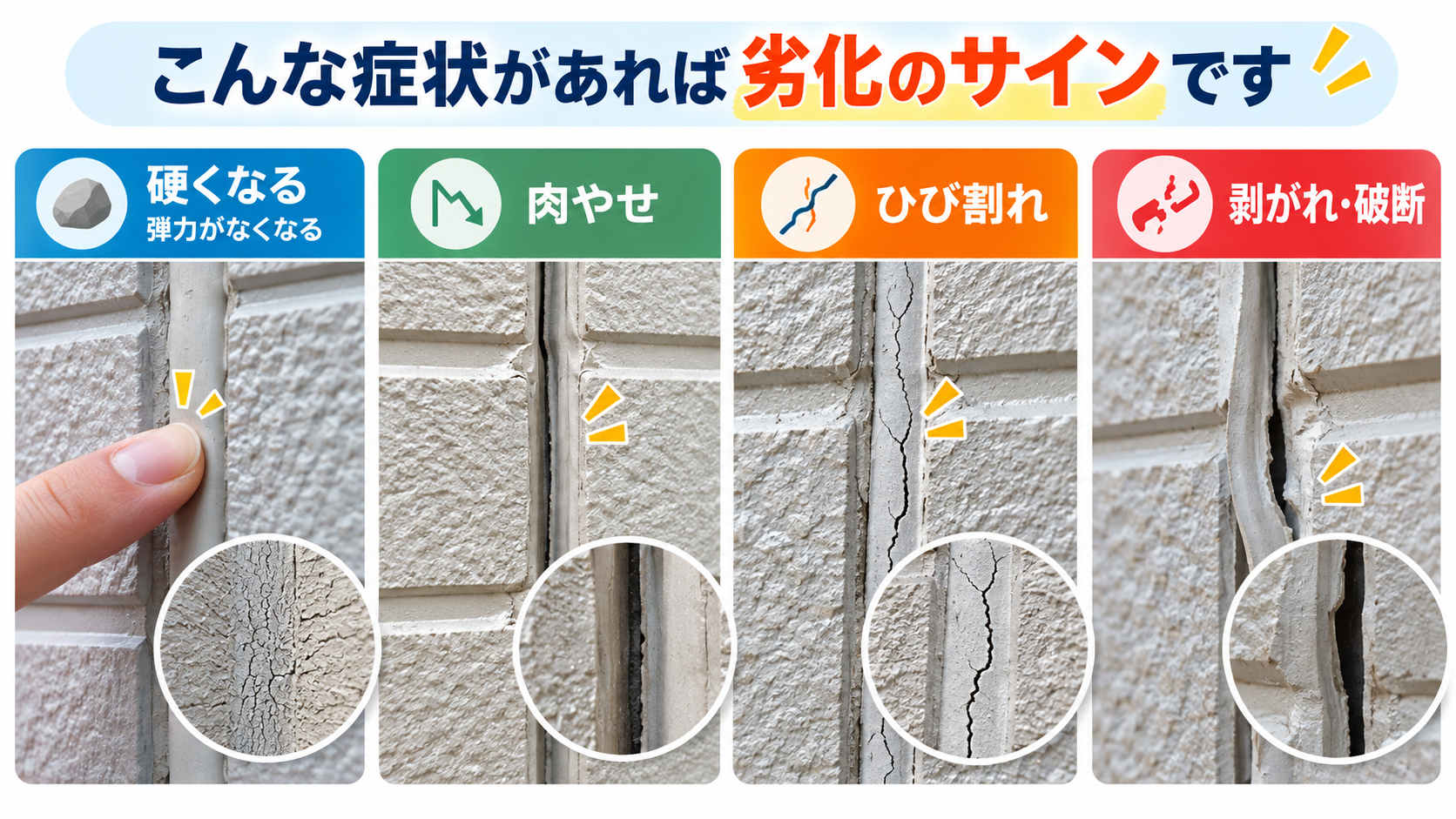 外壁シーリングの硬化・肉やせ・ひび割れ・剥がれや破断などの代表的な劣化症状を比較